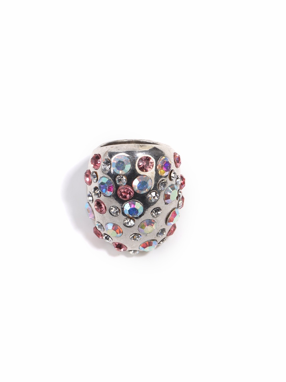 Silver Dome Ring with Pink & Iridescent Crystal size 7